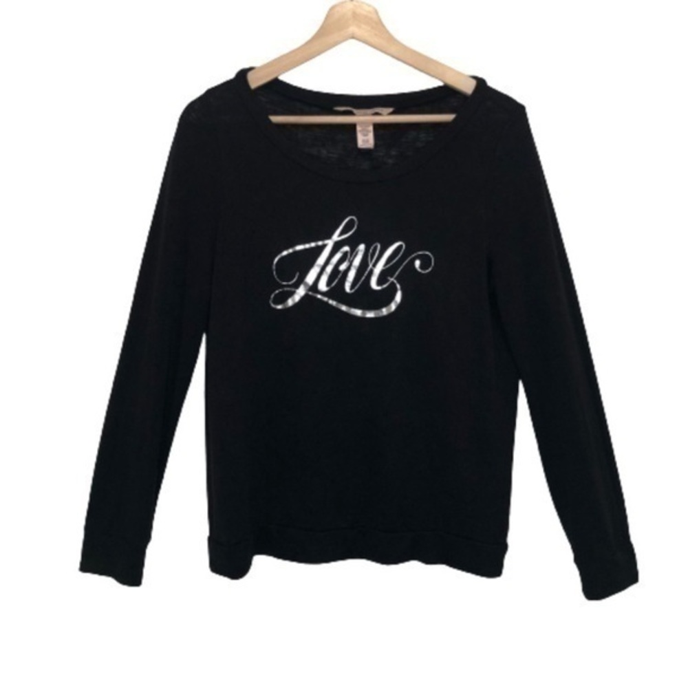 VICTORIAS SECRET BLACK LONG SLEEVE SHIRT LOVE IN METALLIC SILVER SMALL